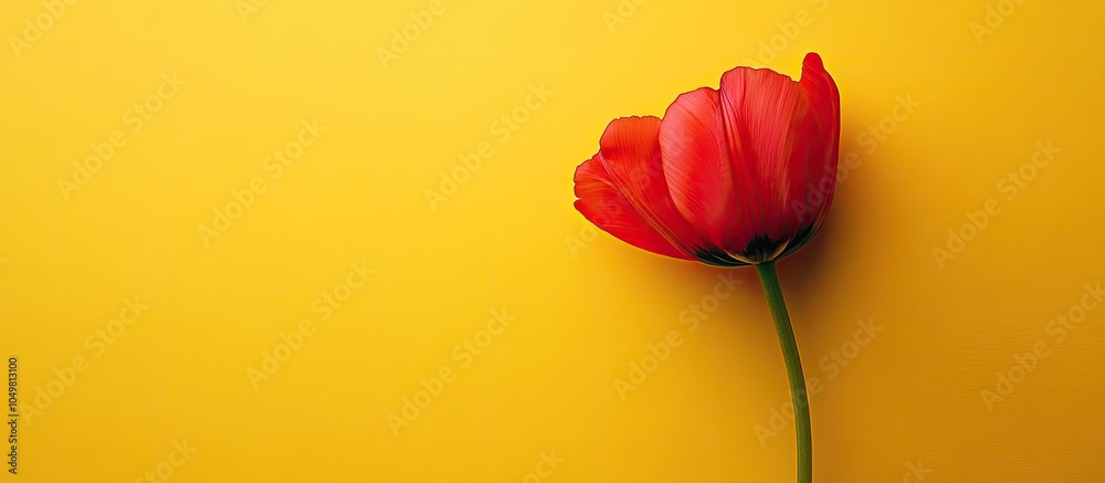 Poster half closed red blooming flower on a yellow background. with copy space image. place for adding text