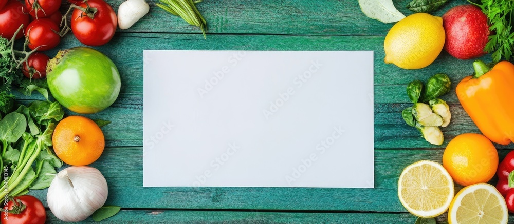 Poster arrangement of healthy items and a sheet of paper on a green wooden surface. with copy space image. 