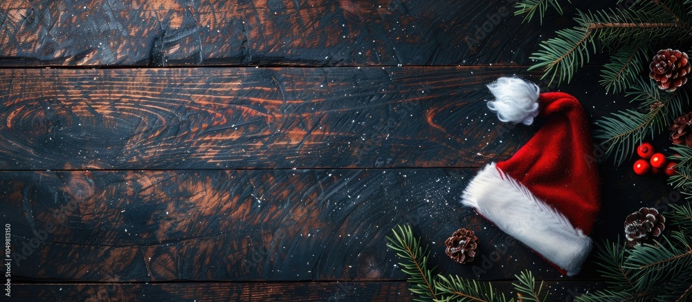 Aufkleber christmas fir tree branches with a santa claus hat on a dark rustic wooden backdrop featuring copysp