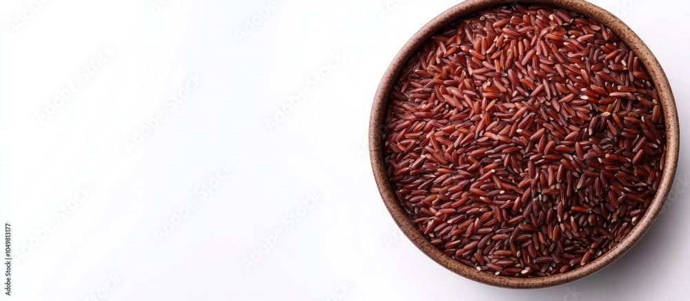 Poster uncooked red rice in a ceramic bowl on a white background vertical top view. with copy space image. 
