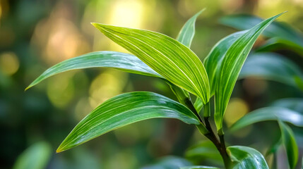 Obraz premium Closeup of vibrant green leaves with a soft bokeh background.