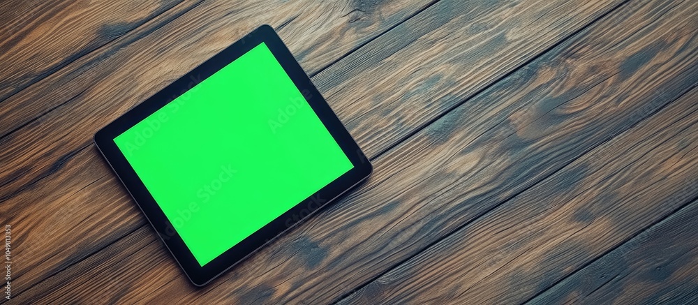 Aufkleber Top view of a digital tablet with a green isolated screen on a wooden desk Workplace concept. with copy space image. Place for adding text or design