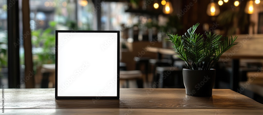 Poster Mock up menu frame placed on a wooden table in a bar restaurant cafe There is space for text Product display montage. with copy space image. Place for adding text or design