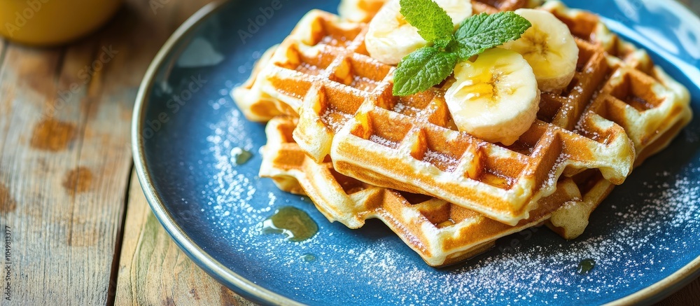 Poster homemade belgian waffles on a blue plate focused selection. with copy space image. place for adding 
