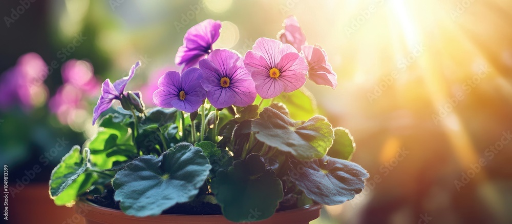 Leinwandbilder sunlight on the leaves of a potted saintpaulia or african violet focused selectively on the center. 