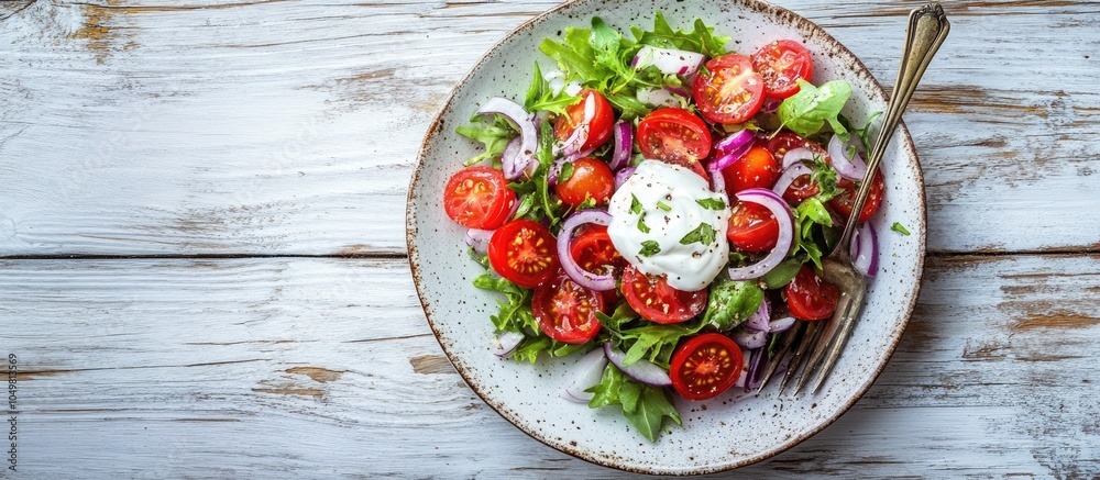 Leinwandbilder a fresh simple salad featuring cherry tomatoes sour cream and sweet red onion on a plate with a vint