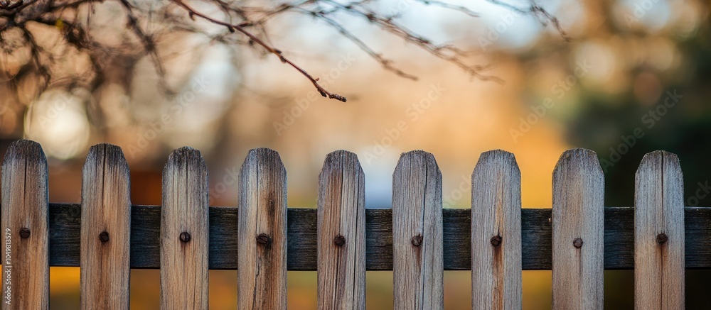Aufkleber A close up image of the top of a wooden picket fence with branches hanging in the background. with copy space image. Place for adding text or design