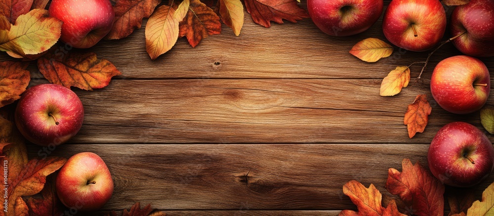 Fototapete autumn border created with apples and maple leaves on a wooden background. with copy space image. pl