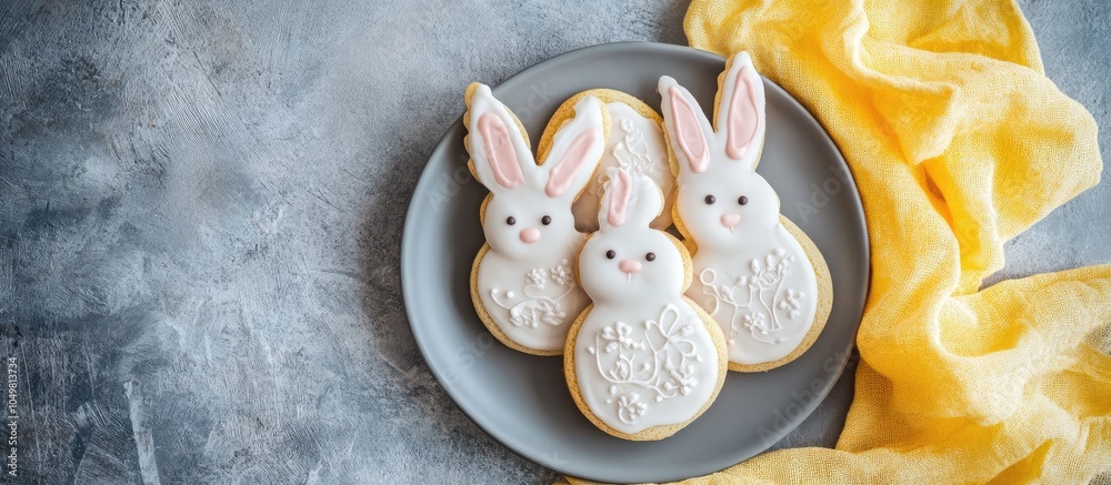 Poster easter cookies shaped like a rabbit on a gray plate with yellow fabric on a gray backdrop copyspace 
