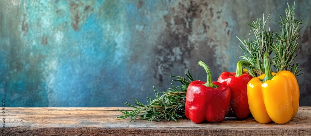 Poster bell peppers and rosemary on a wooden surface repeated image vegetarian cuisine and dietary nutritio
