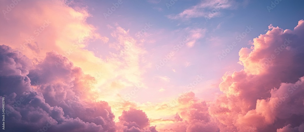 Fototapete A moody sky features pastel dark clouds in the background and bright wispy clouds illuminated by the setting sun in the foreground. with copy space image. Place for adding text or design