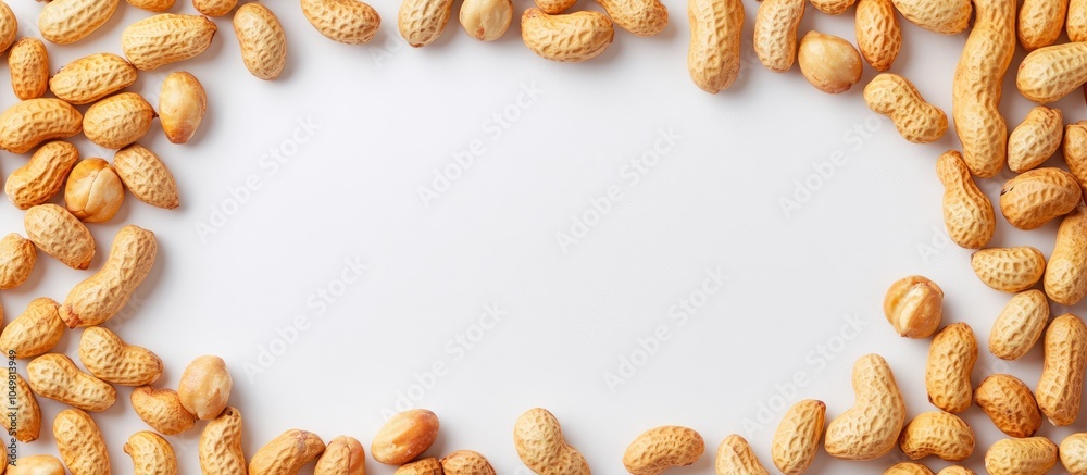 Leinwandbilder salted peanuts arranged in a frame on a white background close up from above copy space for text