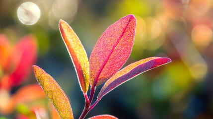 Fototapeta premium Close-up of vibrant red leaves on a branch, bathed in soft sunlight with a blurred background.