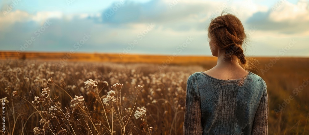 Poster Woman standing with her back to a field surrounded by a natural background. with copy space image. Place for adding text or design