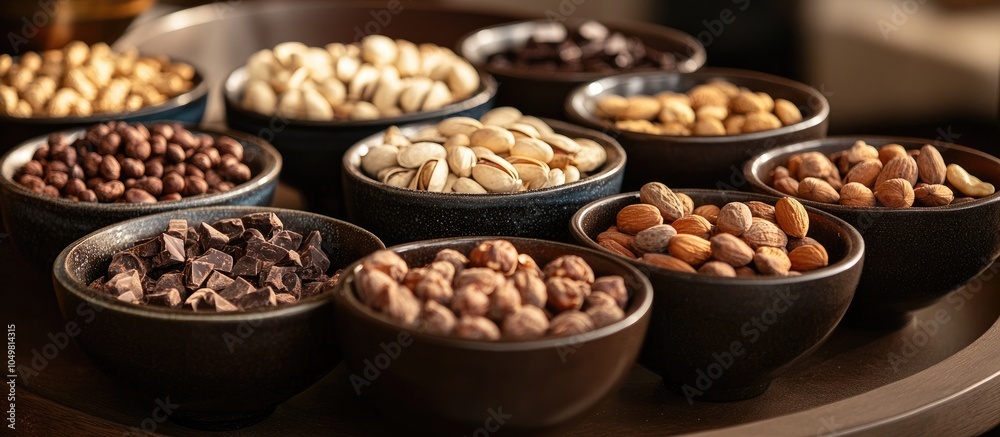 Aufkleber A table displaying bowls filled with various nuts and chocolate. with copy space image. Place for adding text or design