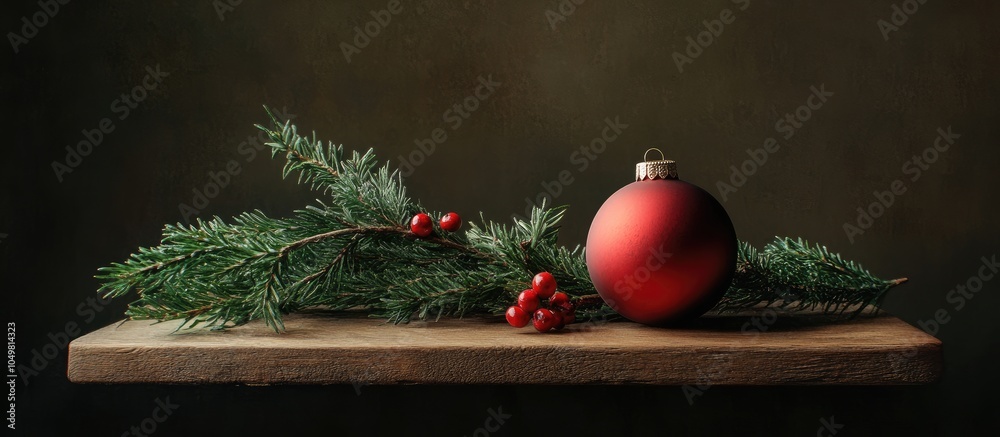 Leinwandbilder still life featuring a christmas ornament and a tree branch on a wooden board. with copy space image