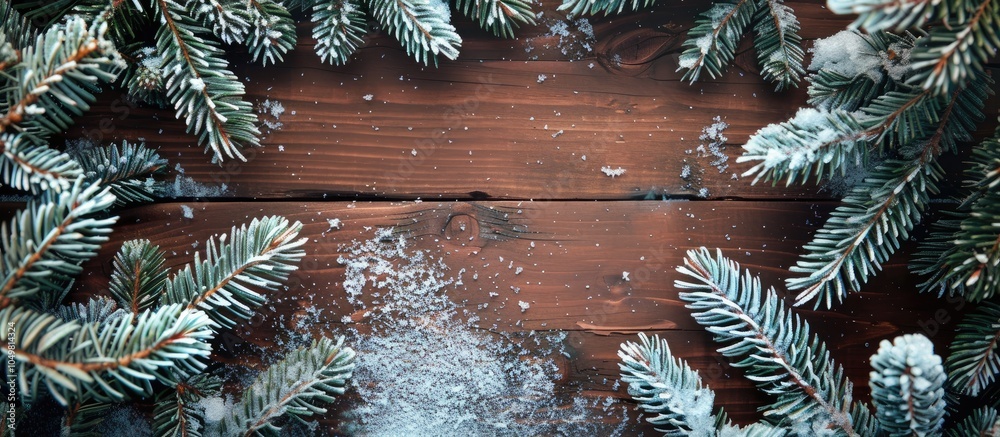Leinwandbilder Fresh evergreen tree branches frame a wooden background covered in snow for Christmas. with copy space image. Place for adding text or design