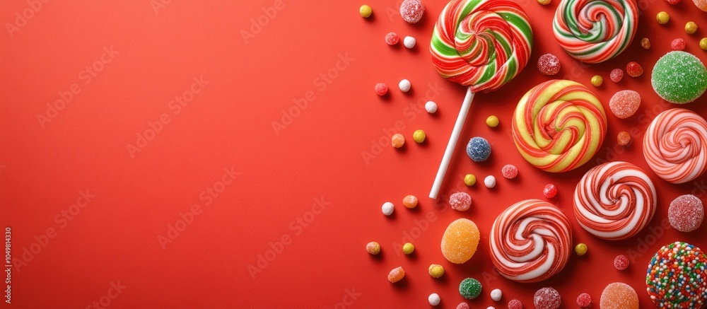 Leinwandbilder different colorful candies and lollipops arranged in a flat lay on a red background with copy space