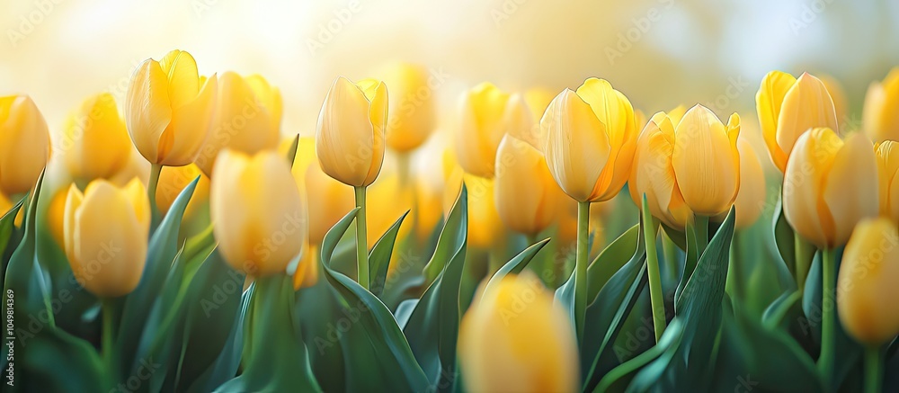 Poster Panorama frame Close up of tulips featuring vibrant yellow petals and green leaves in spring. with copy space image. Place for adding text or design
