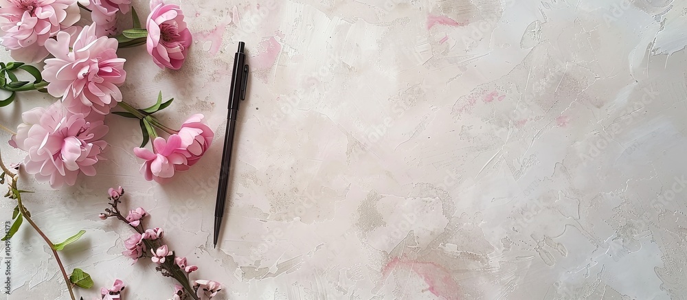 Leinwandbilder guest list pen and lovely flowers on a light textured background flat lay area for text. with copy s
