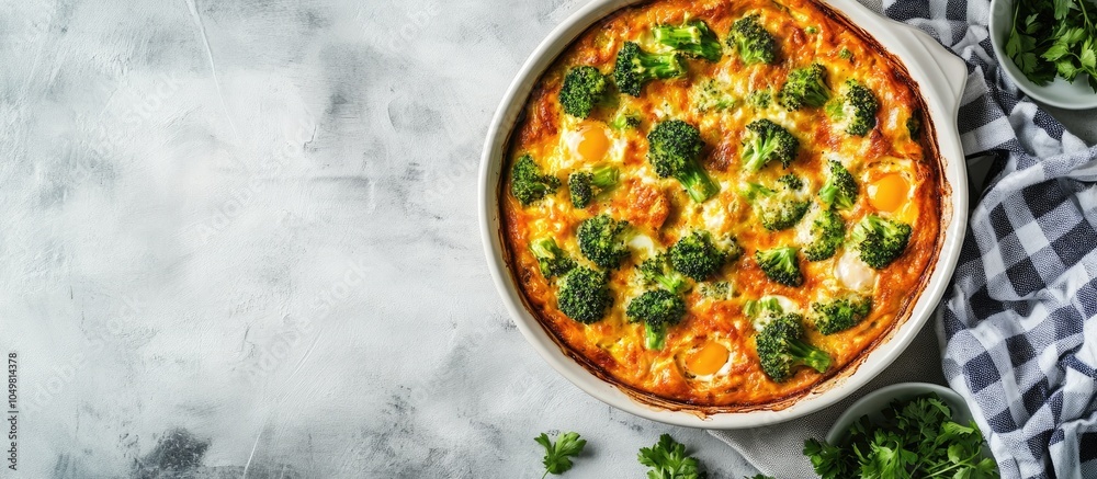 Poster broccoli egg casserole in a baking dish on a dining table top view copy space
