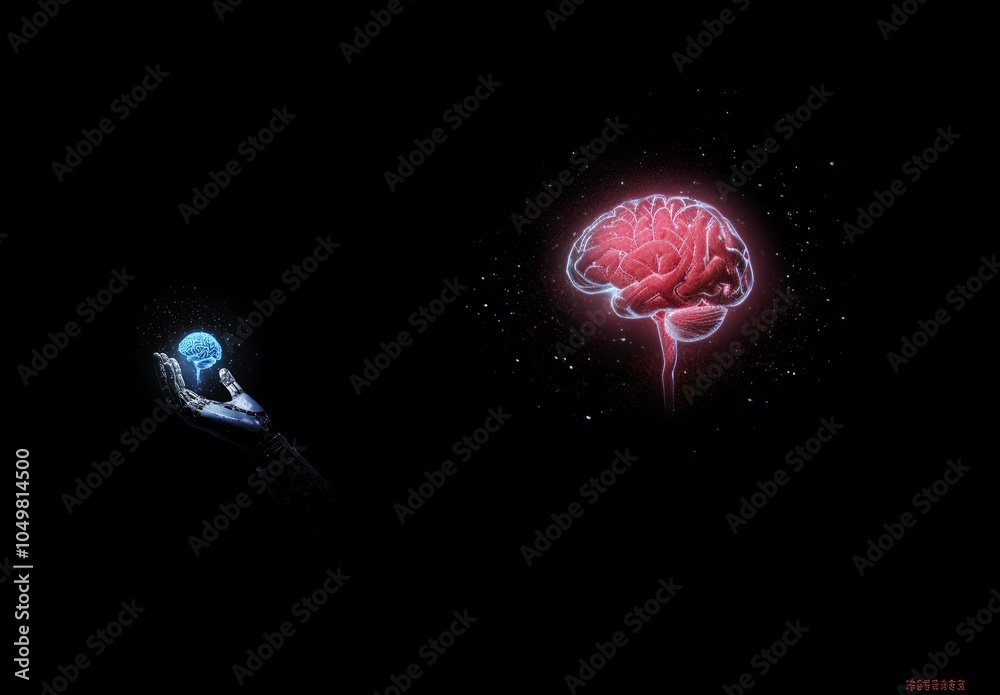 Poster artificial intelligence and human brain merge. close-up ai robot holds ai brain with open hand. arti