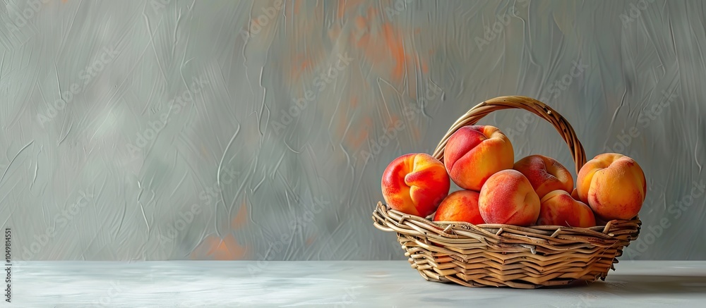 Leinwandbilder several peaches are arranged in a wicker basket on a clean flat white table a fresh mix of orange ye