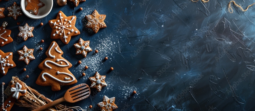 Aufkleber gingerbread cookies shaped like a christmas tree on a dark blue background with copy space for text 