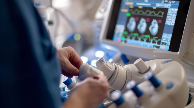 A cardiologist performing an echocardiogram on a patient in a cardiac lab, with ultrasound equipment and heart diagrams in the background, macro shot