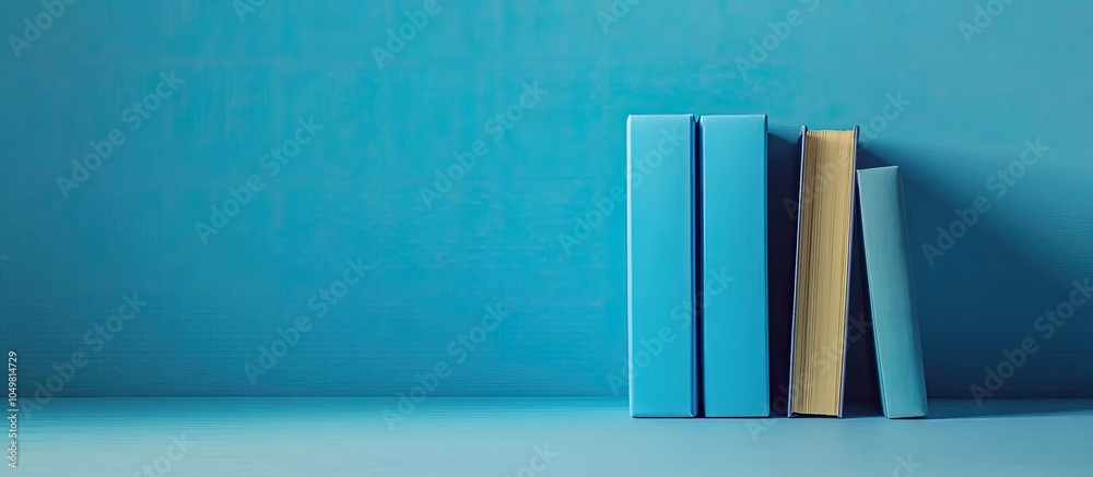 Poster books on a blue surface. with copy space image. Place for adding text or design