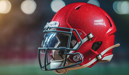 Fototapeta premium Vibrant Red Football Helmet Captured in High Detail Showcasing the Essential Gear for Thrilling American Football Matches Under Stadium Lights.