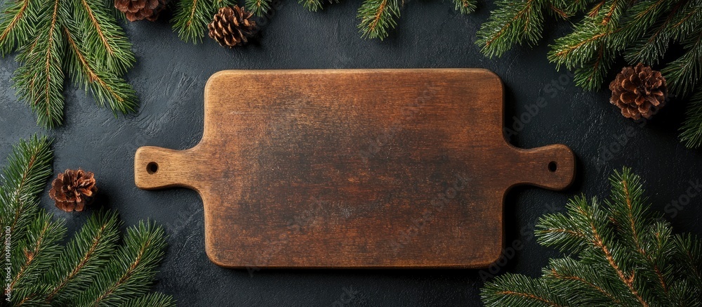Poster cutting board surrounded by spruce branches kitchen christmas decor dark backdrop. with copy space i