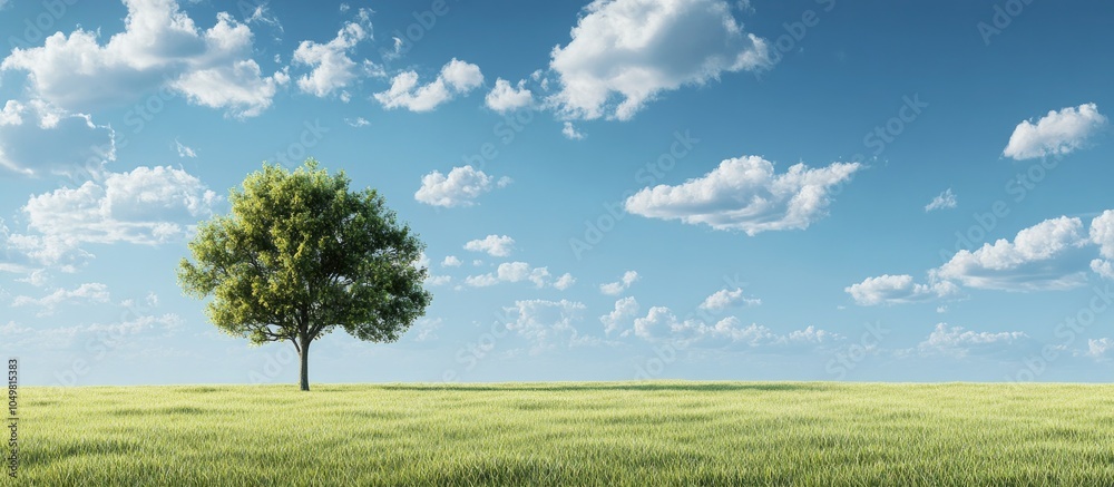 Poster a lone tree in a green meadow under a blue sky with white clouds. with copy space image. place for a