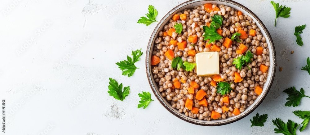 Poster boiled buckwheat cereal with carrot parsley and butter in a bowl on a white background a traditional