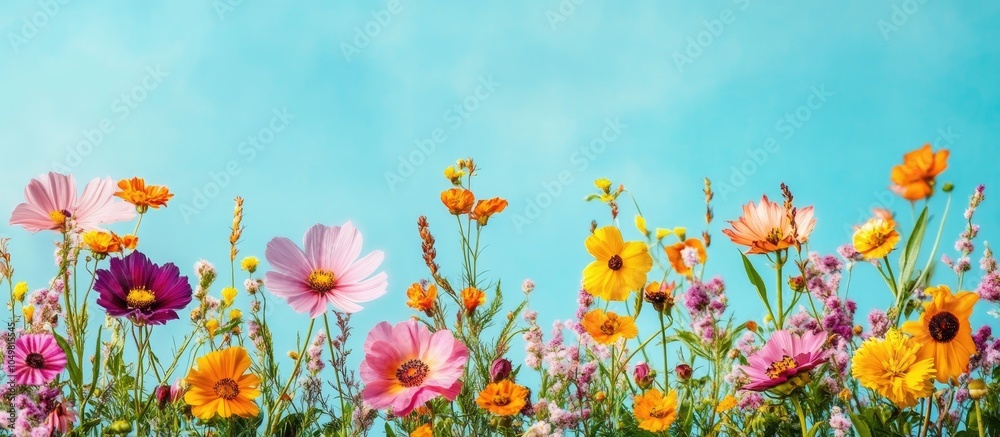 Poster lovely summer flowers against a blue background. with copy space image. place for adding text or des