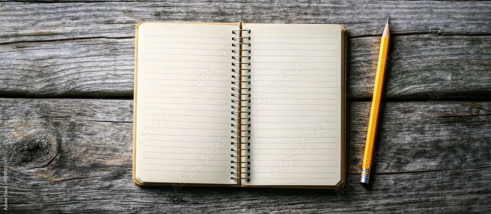 Poster Small notebook paper notepad placed on a wooden table designed for writing information with a pencil and a book. with copy space image. Place for adding text or design