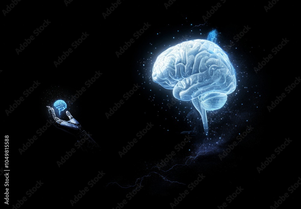 Poster artificial intelligence and human brain merge. close-up ai robot holds ai brain with open hand. arti