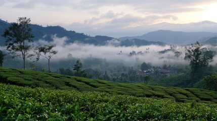 Naklejka premium A serene morning in Muzangchai with mist rolling over the lush green tea plantations and