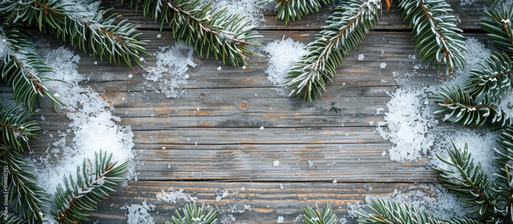 Leinwandbilder Fresh evergreen tree branches frame a wooden background covered in snow for Christmas. with copy space image. Place for adding text or design