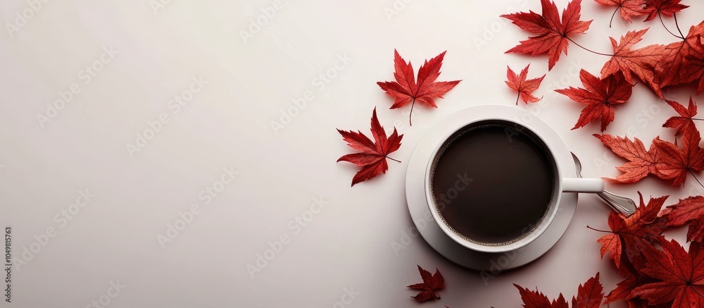 Aufkleber autumn arrangement featuring a cup of coffee and red maple leaves. with copy space image. place for 