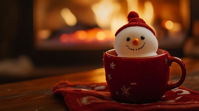 Plush snowman snuggled inside a red cozy mug, with the glow of a roaring fireplace casting a soft orange light.