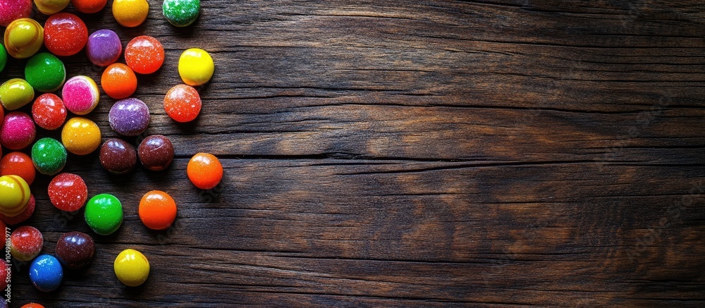Leinwandbilder vibrant candies on a wooden surface top view. with copy space image. place for adding text or design