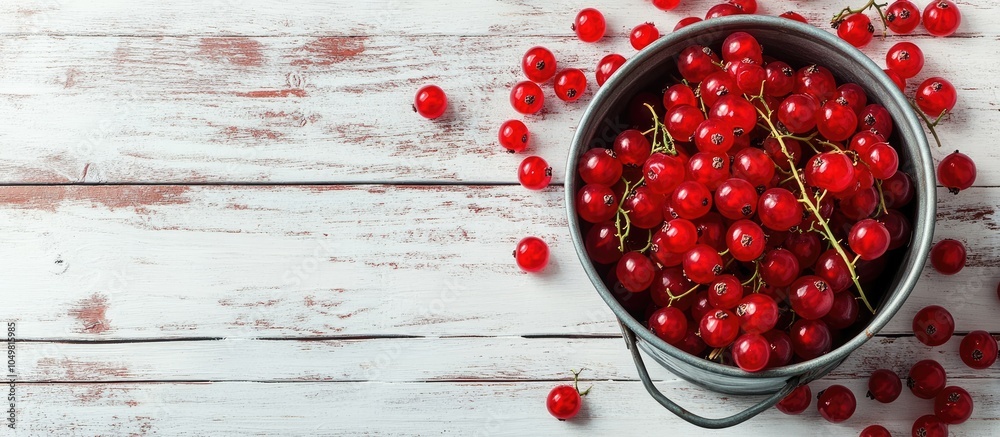 Leinwandbilder fresh red currants and a bucket isolated on a white wooden background in a flat lay the image has co