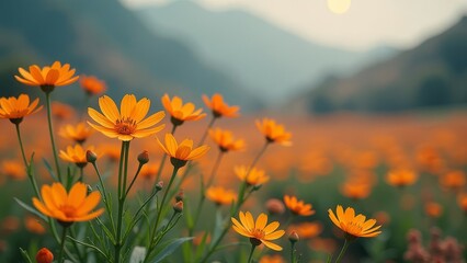 Obraz premium Sunlit orange wildflowers in blooming meadow at dusk