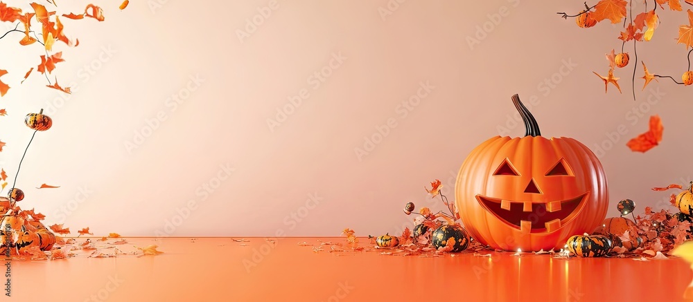 Aufkleber happy halloween pumpkin with festive decorations on an orange floor against a white wall background 