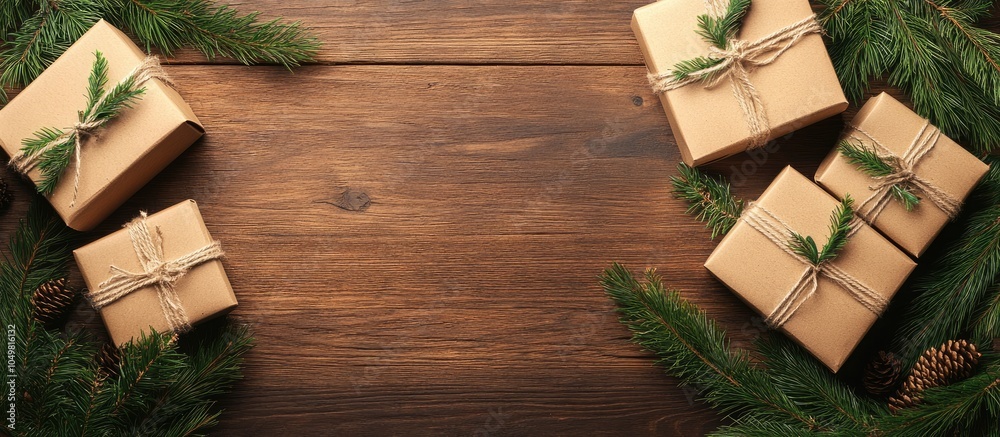 Leinwandbilder gift boxes with fir branches on a wooden surface top view. with copy space image. Place for adding text or design