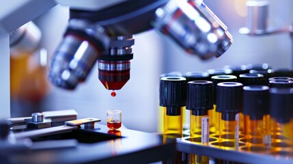 A close-up of a blood sample being analyzed under a microscope, set in a laboratory with well-maintained equipment, macro shot