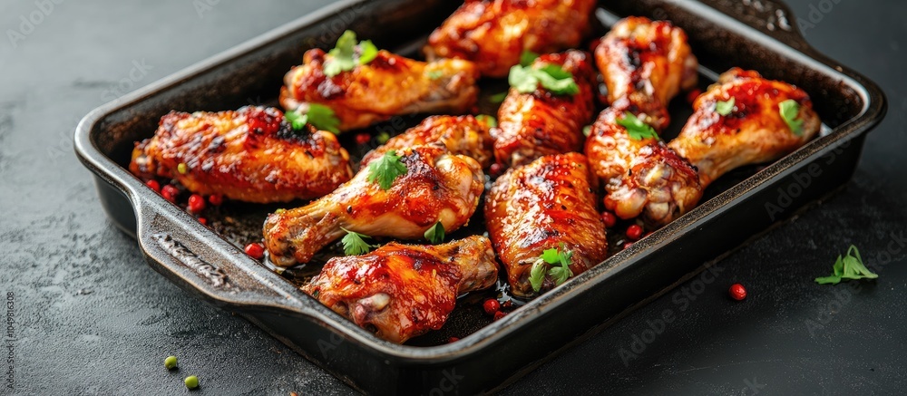 Poster asian style baked chicken wings on a baking dish. with copy space image. place for adding text or de