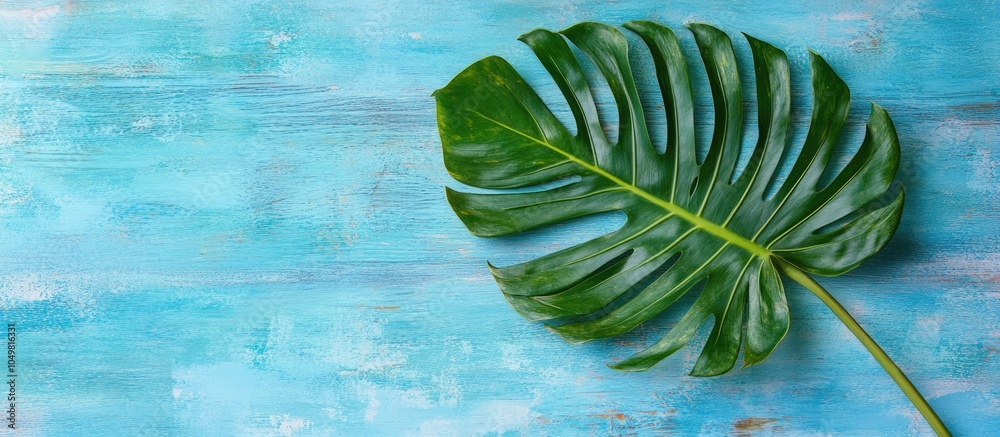 Leinwandbilder top view of a large green leaf from an exotic parlor palm on a blue wooden textured tabletop featuri