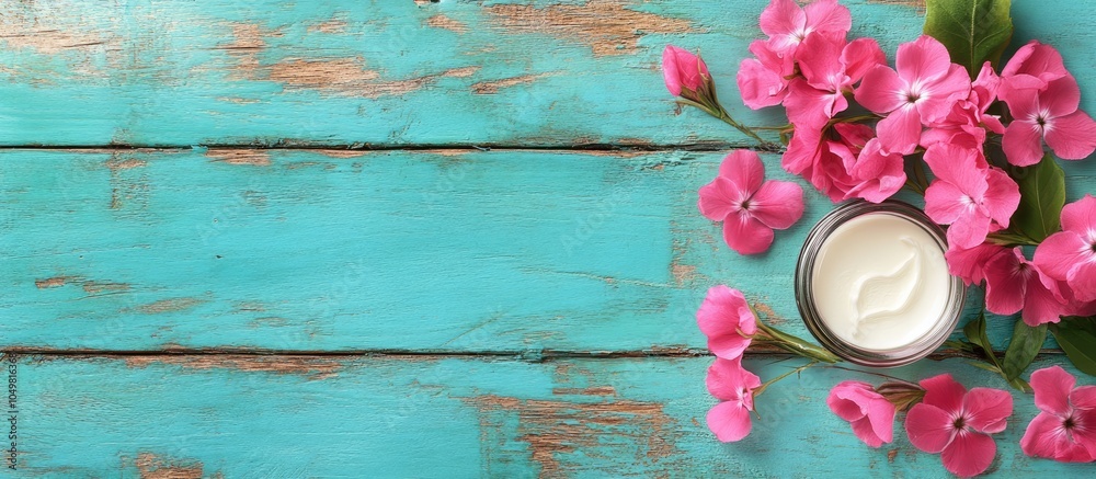 Poster hand and face cream with pink flowers on vibrant weathered wood. with copy space image. Place for adding text or design